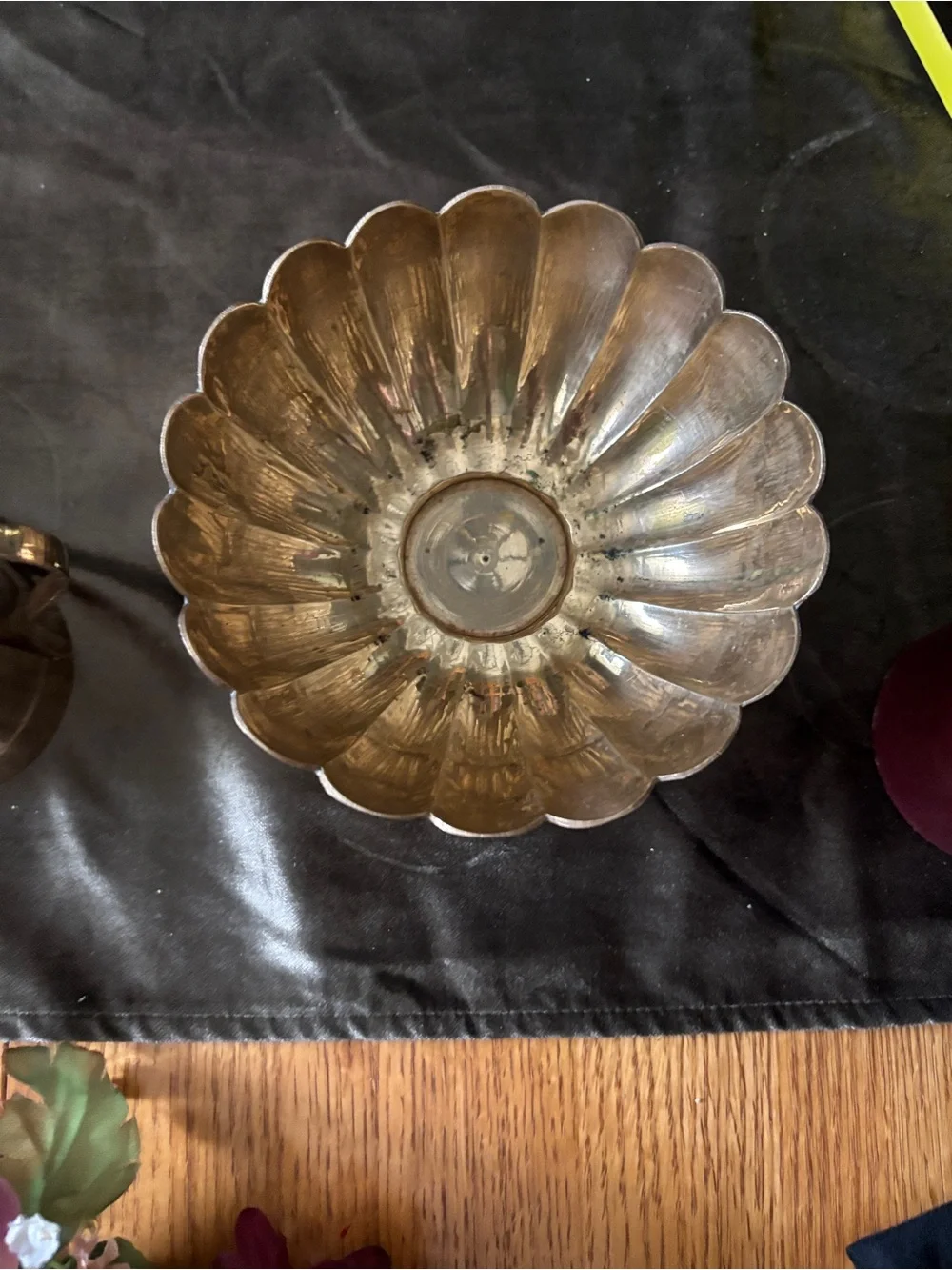 Brass Candle Holder with Floral Arrangement with Burgundy Candle - Brass Pithcer